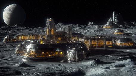 Gilded Moon Colony Under Distant Planetlight in Deep Space wallpaper