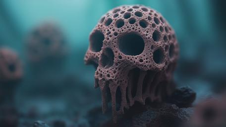 Porous Skull Relic in Dreamy Teal Depths 5K Abstract AI Art wallpaper