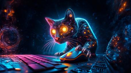 Neon Circuit Cat in a Techno Fantasy Cyberpunk Void wallpaper