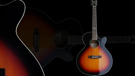 Sunburst Acoustic Guitar Glow on Deep Black Stage wallpaper