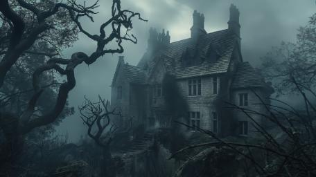 Gothic Haunted Mansion in Misty Fog Under a Bleak Moonlit Sky wallpaper