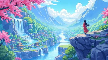 woman-red-dress-overlooking-beautiful-scenic-landscape wallpaper