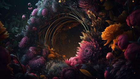 Swirling Floral Vortex Abstract Digital Wallpaper in Rich Midnight Tones wallpaper