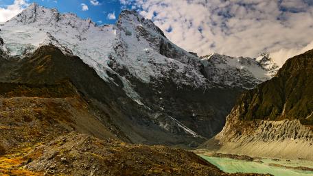 Mueller Glacier Valley Beneath Aoraki Mount Cook in New Zealand wallpaper
