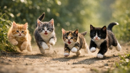 Playful Kittens Sprinting Through Sunlit Forest Path wallpaper
