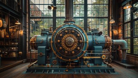 Industrial Steam Engine Majesty in a Sunlit Brick Workshop wallpaper