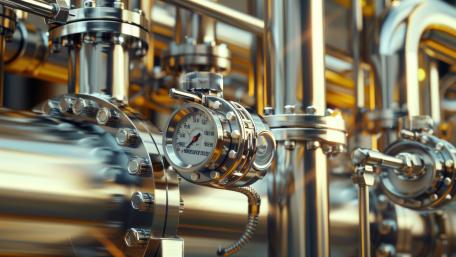 Polished Industrial Pipework and Gauge in Futuristic Factory Light wallpaper