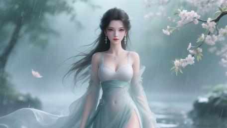 Rainlit Blossom Spirit with Flowing Long Hair in 4K Fantasy wallpaper