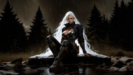 White Haired Cyborg Siren in the Stormlit Forest wallpaper