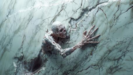 Marble Crypt Awakening Skeleton Reaching Through Cracked Stone wallpaper