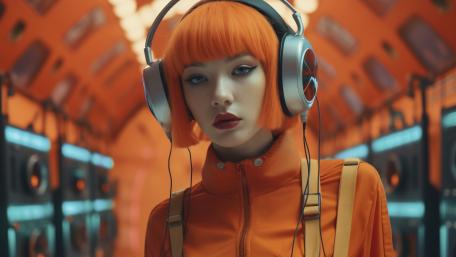 Neon Orange Dreamer in a Cyberpunk Sound Tunnel wallpaper