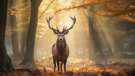 Majestic Stag in Golden Autumn Forest Sunbeams 4K Wallpaper wallpaper