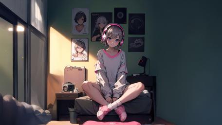 Cozy Lo Fi Gamer Girl in Sunlit Anime Bedroom 4K wallpaper