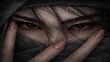 Masked Anime Gaze Through Shadowed Strands and Silent Eyes wallpaper