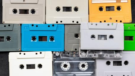 Vibrant Retro Cassette Tape Grid in Crisp 5K Detail wallpaper