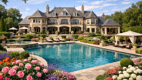 Grand Estate Poolside Serenity Amid Lush Gardens and Stone Architecture wallpaper