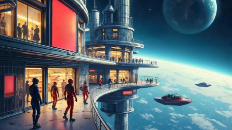 Retro Futuristic Space Colony Promenade Above the Clouds wallpaper