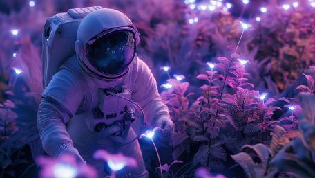 Astronaut Among Bioluminescent Purple Flora on an Alien Settlement World wallpaper