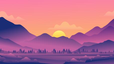 Minimalist Purple Sunset Over Dreamy Mountain Valley Landscape wallpaper