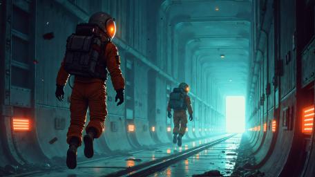 Retro Futuristic Space Travelers in Neon Corridor Tunnel wallpaper