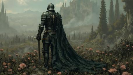 Lone Armored Knight Among Roses in a Misty Kingdom wallpaper