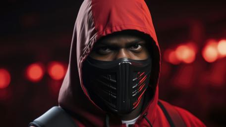 Crimson Hood Ninja Portrait in Shadowed Neon wallpaper