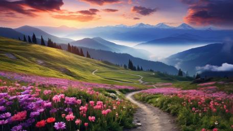 Sunrise Path Through a Wildflower Meadow in the Mountain Highlands wallpaper