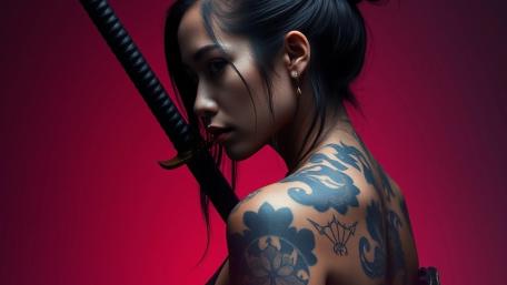 Ink and Steel Silent Tattooed Samurai Under Crimson Shadows wallpaper