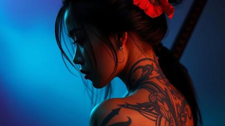 Midnight Katana Muse Tattooed Samurai Warrior in Neon Silence wallpaper