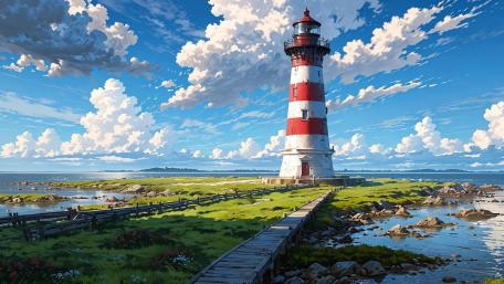 Vibrant Summer Lighthouse Over Quiet Shores in Anime Landscape wallpaper