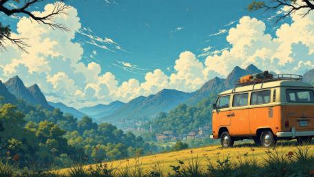 Sunlit Vintage Volkswagen Minibus Overlooking Mountains in Anime Summer Skies wallpaper