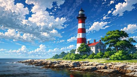 Summer Skies Over a Coastal Lighthouse in Anime Style wallpaper