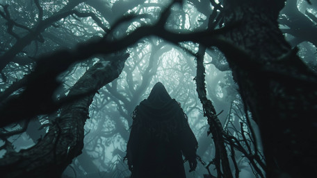 Hooded Wanderer in the Haunted Foggy Woods wallpaper