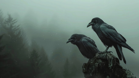 Misty Crows in Haunted Forest wallpaper