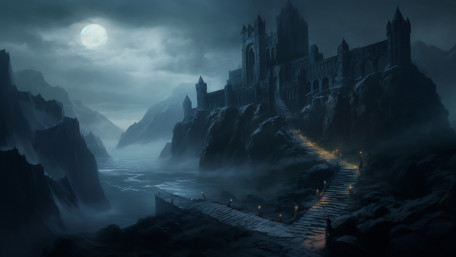 Moonlit Path to the Haunted Cliffside Castle wallpaper