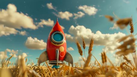 Retro Rocket Over Wheatfield wallpaper