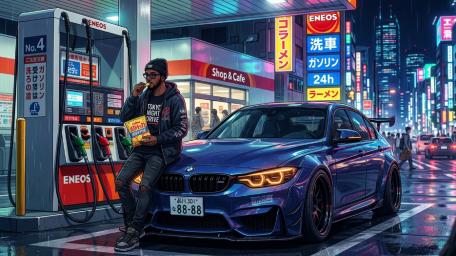 Neon Night Drive at Tokyo Gas Station wallpaper