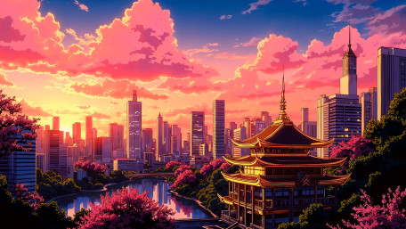 Sunset Sakura Skyline Sanctuary wallpaper