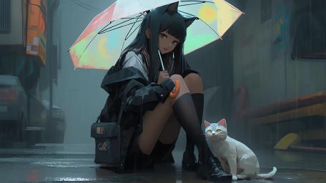 Rainy Neon Catgirl Street Scene wallpaper