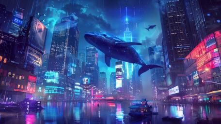 Neon Whale Over Rainy Skyline wallpaper