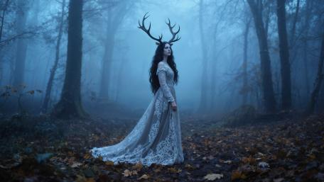 Misty Forest Goddess in Gothic Antlers wallpaper