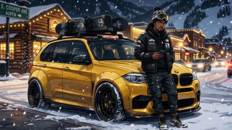 Snowy Night Ride with Stylish Anime SUV wallpaper