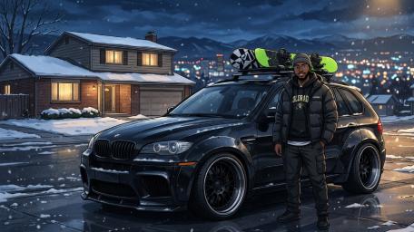 Snowy Night Drive with Anime Style BMW wallpaper