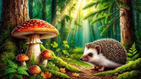 Whimsical Hedgehog Beneath Enchanted Forest Mushrooms wallpaper