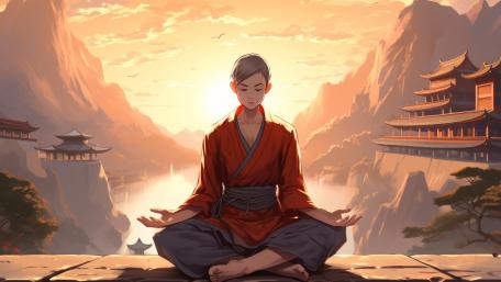 Sunlit Zen Monk in Mountain Temple wallpaper