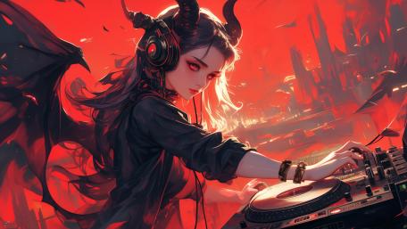 Demonic DJ Queen in Crimson Light wallpaper