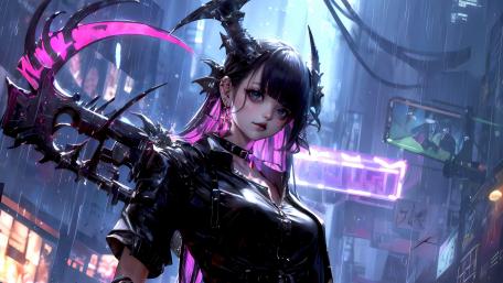Neon Reaper in the Cyber Rain wallpaper