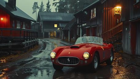 Vintage Ferrari at Rainy Village Dusk wallpaper