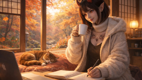 Autumn Neko Demon Study Haven wallpaper