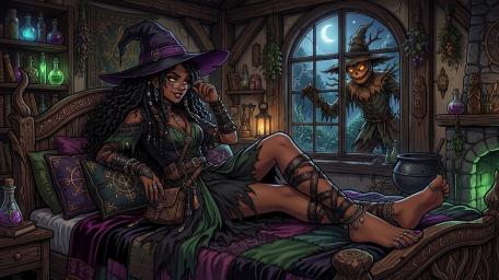 Moonlit Witch in Enchanted Cabin wallpaper